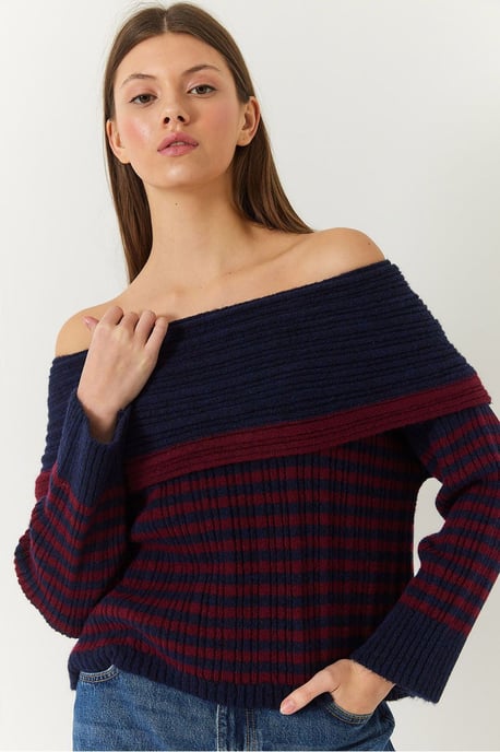 Randig Off-Shoulder Stickad Tröja - Image 2