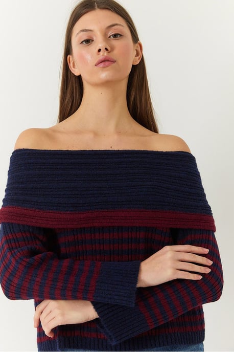 Randig Off-Shoulder Stickad Tröja - Image 3