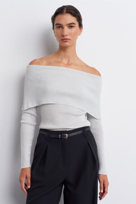 Tajta Off-Shoulder Ribbad Stickad Tröja - Image 3