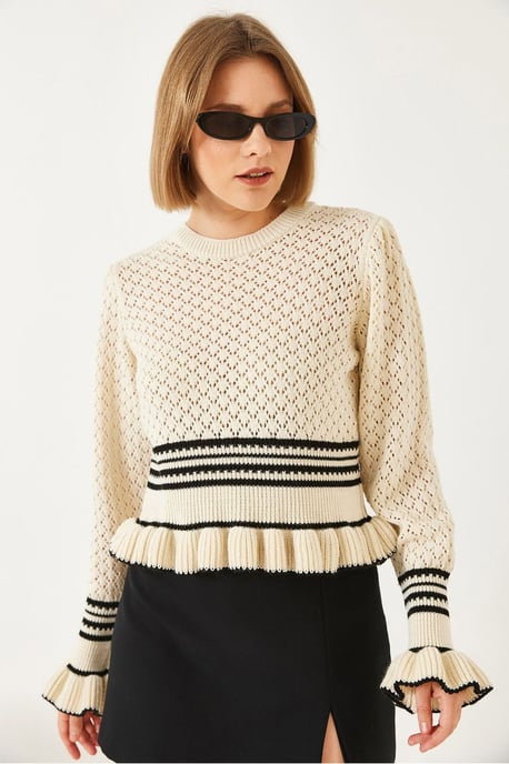 Ribbad Baklava-mönstrad Stickad Crew Neck Crop Tröja - Image 3