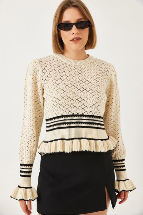 Ribbad Baklava-mönstrad Stickad Crew Neck Crop Tröja - Image 4