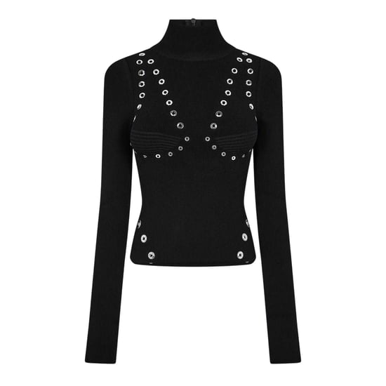 Off White Dames-top met oogjes en hoge kraag (Zwart) - Image 1