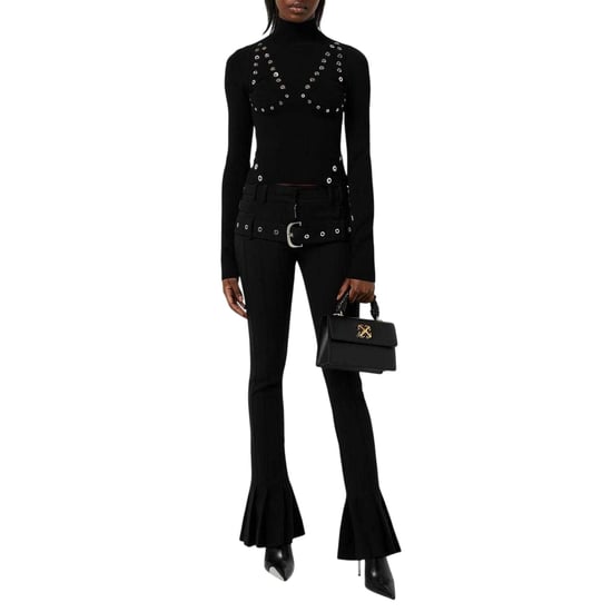 Off White Dames-top met oogjes en hoge kraag (Zwart) - Image 3