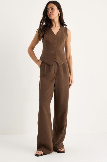 V-hals Vest en Wijde Pantalon Twee-delige Coord Set - Image 1