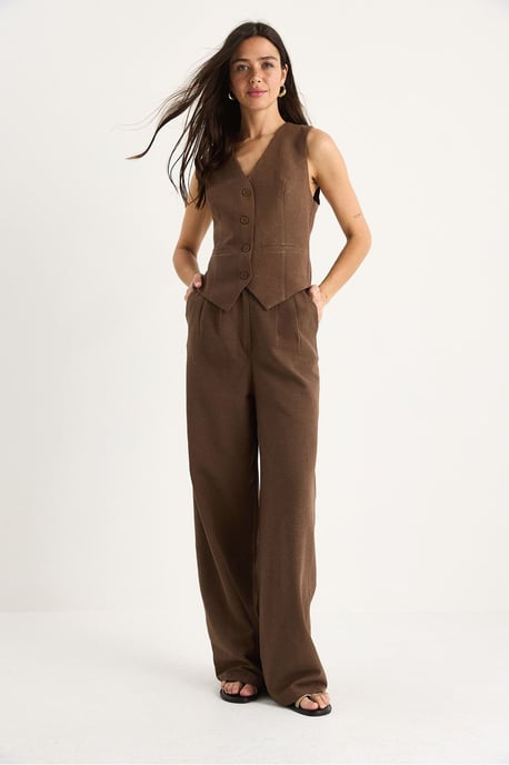 V-hals Vest en Wijde Pantalon Twee-delige Coord Set - Image 4