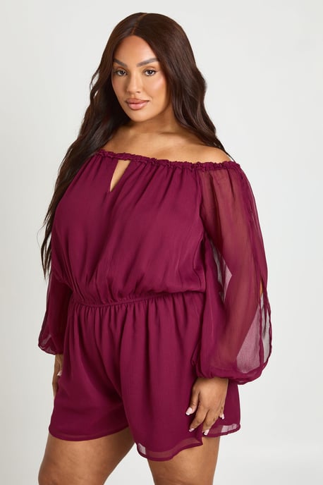 Plus Chiffon Bardot Balloon Sleeve Playsuit - Image 1