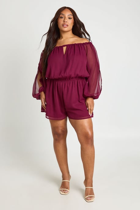 Plus Chiffon Bardot Balloon Sleeve Playsuit - Image 3