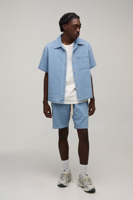Washed Ribbed Denim Relaxed Fit Shorts - Image 4