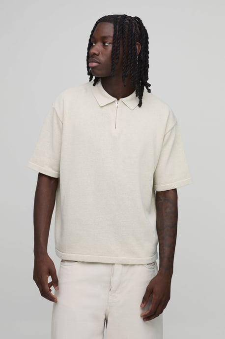 Oversized Boxy 1/4 Zip Cotton Blend Knitted Polo - Image 1