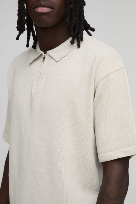 Oversized Boxy 1/4 Zip Cotton Blend Knitted Polo - Image 3