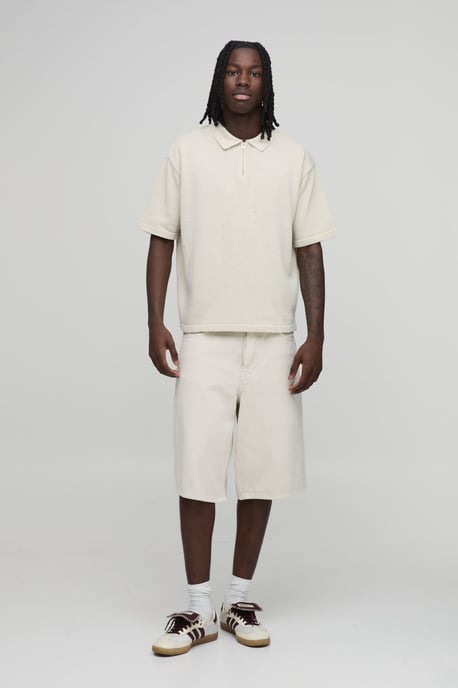 Oversized Boxy 1/4 Zip Cotton Blend Knitted Polo - Image 4