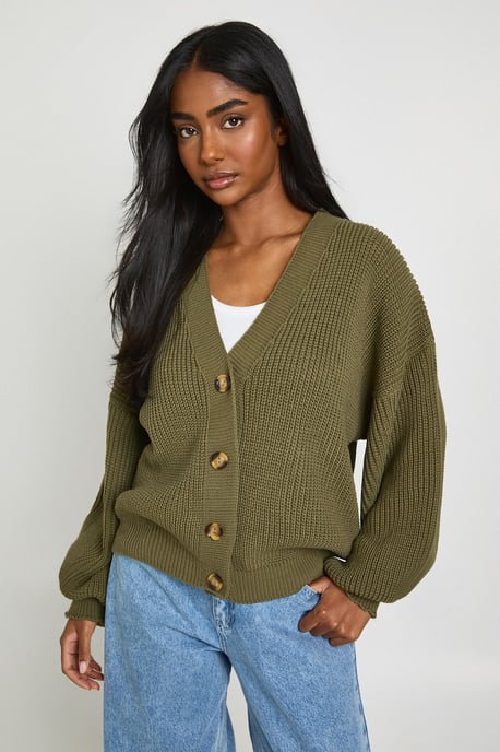 Balloon Sleeve Button Through Rib Cardigan - Image 1