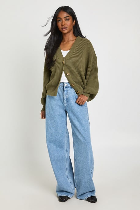 Balloon Sleeve Button Through Rib Cardigan - Image 3