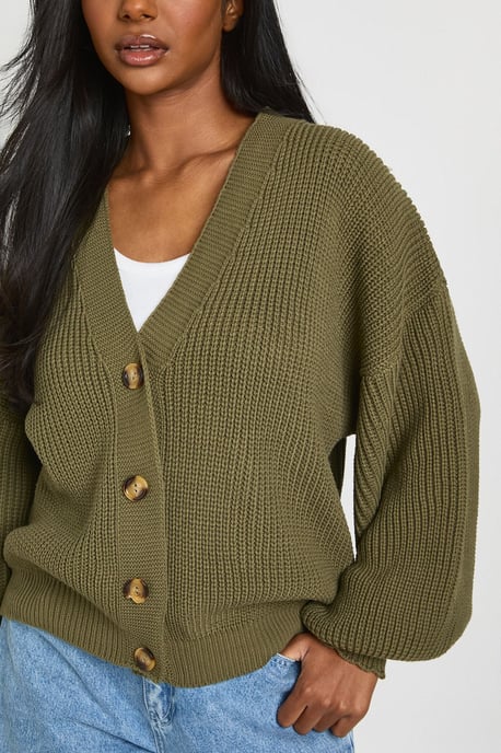 Balloon Sleeve Button Through Rib Cardigan - Image 4
