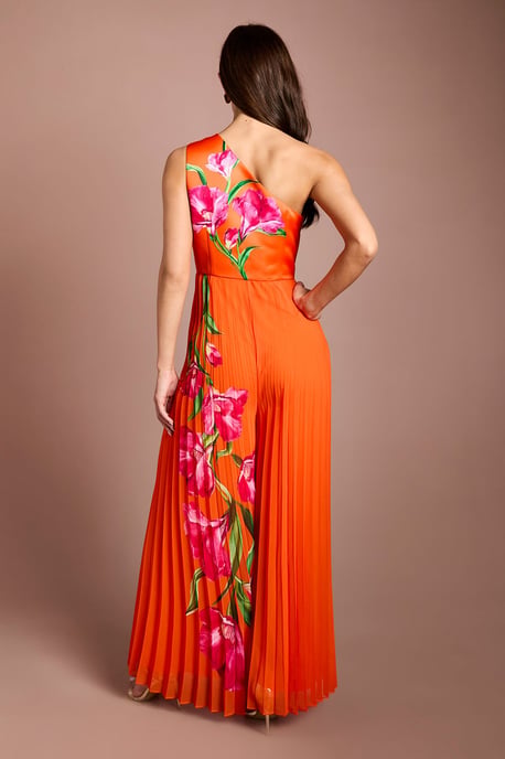One Shoulder Corsage Orange Pleated Jumpsuit - Image 3
