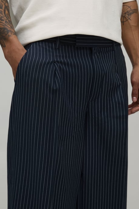 Baggy Fit Pinstripe Pleat Front Tailored Trousers - Image 3