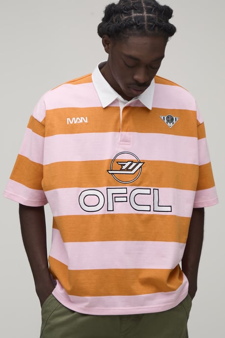 Oversized Boxy Man Sport Embroidered Stripe Rugby Polo - Image 1