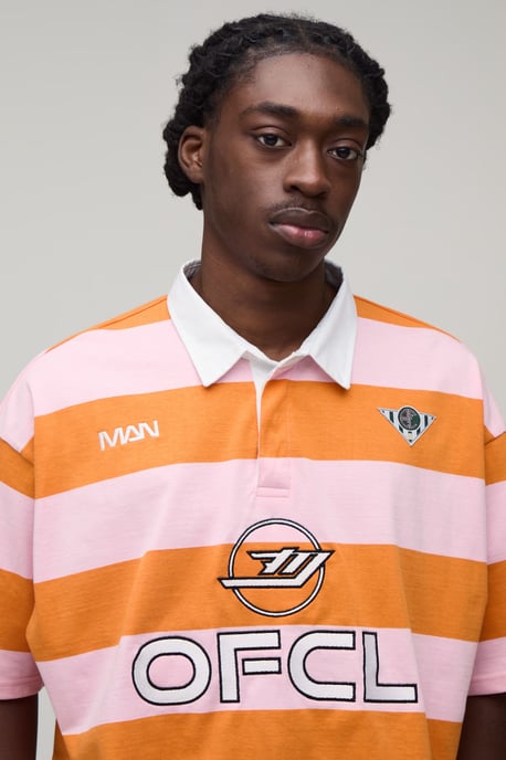Oversized Boxy Man Sport Embroidered Stripe Rugby Polo - Image 3