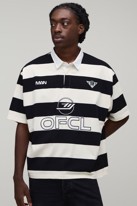 Oversized Boxy Man Sport Embroidered Stripe Rugby Polo - Image 1