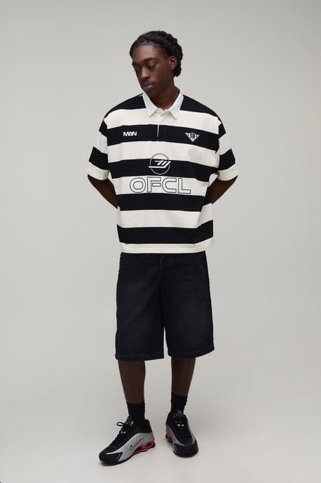 Oversized Boxy Man Sport Embroidered Stripe Rugby Polo - Image 4