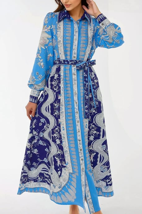 Mönstrad Maxi-klänning med Lång Ärmm och Bälte - Image 5