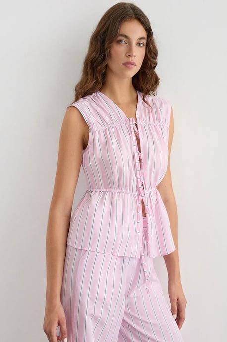Striped Sleeveless Button-Through Peplum Blouse - Image 2