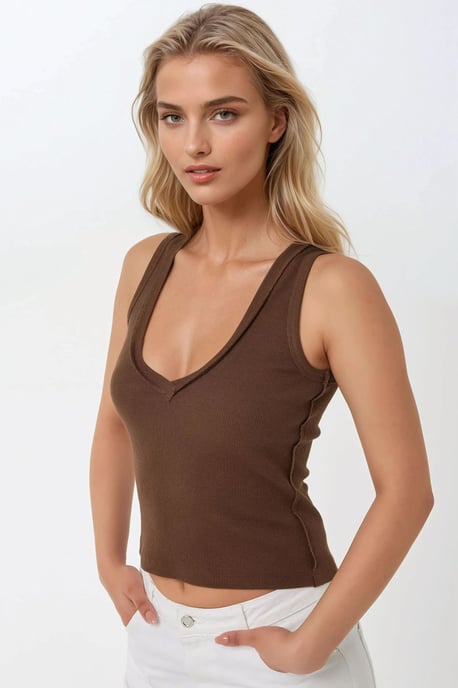 Stiksel Detail Textuur V-hals Mouwloos Slank Fit Top - Image 3