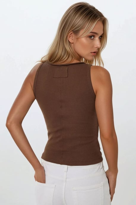Stiksel Detail Textuur V-hals Mouwloos Slank Fit Top - Image 5
