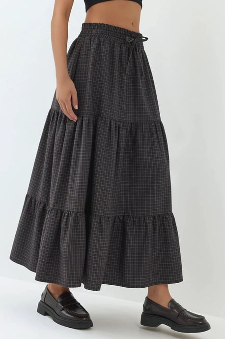 Elastische Taille Gecontroleerde Geknoopte Laagjes Maxi Rok - Image 1