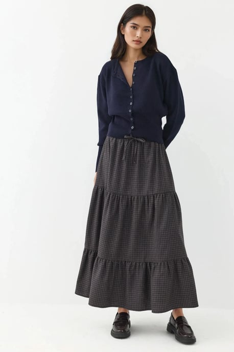 Elastische Taille Gecontroleerde Geknoopte Laagjes Maxi Rok - Image 2