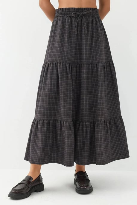Elastische Taille Gecontroleerde Geknoopte Laagjes Maxi Rok - Image 3
