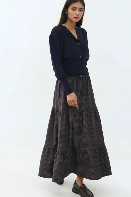 Elastische Taille Gecontroleerde Geknoopte Laagjes Maxi Rok - Image 4