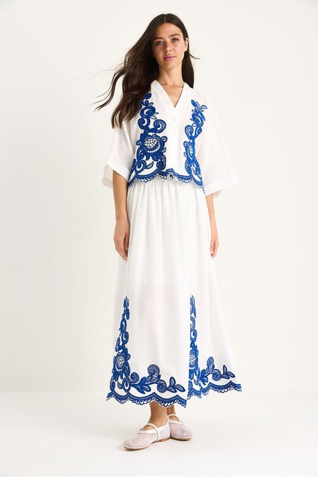 Oversized V-neck Embroidered 3/4 Sleeve Shirt and Wide Leg Pants Set - Image 2