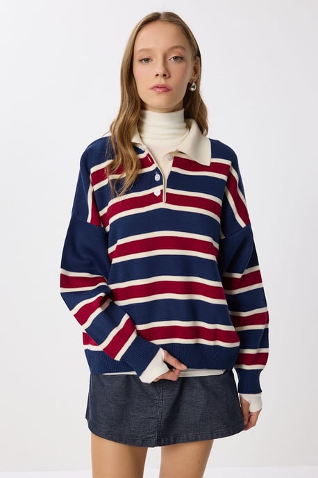 Randig sweater med polo-krage - Image 3
