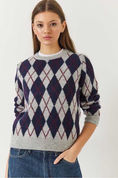 Baklava Pattern Crew Neck Knitted Sweater - Image 3
