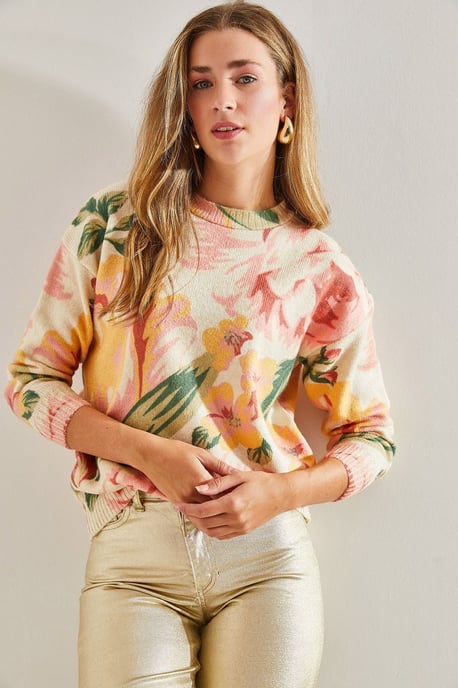 Pattern Knit Sweater with Crew Neck - Image 3