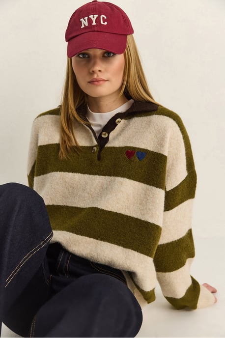 Oversized Gestreept Polo Kragen Sweater met Borduring - Image 1