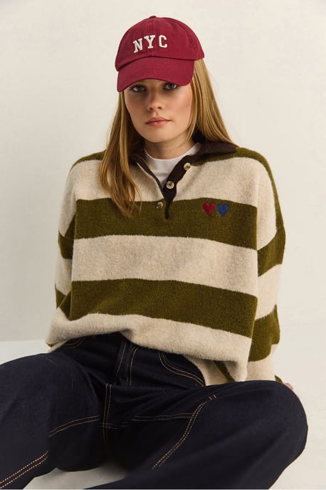 Oversized Gestreept Polo Kragen Sweater met Borduring - Image 2