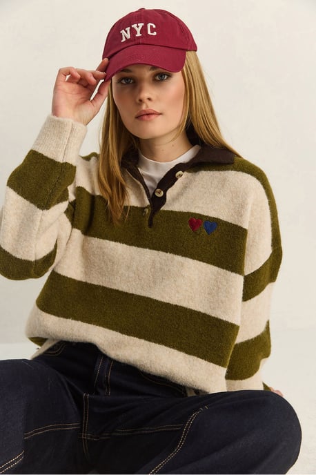 Oversized Gestreept Polo Kragen Sweater met Borduring - Image 3