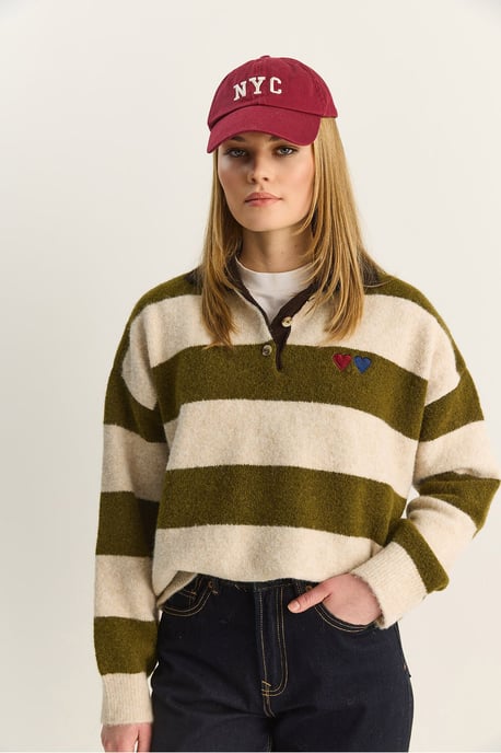 Oversized Gestreept Polo Kragen Sweater met Borduring - Image 4