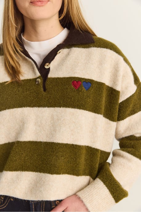 Oversized Gestreept Polo Kragen Sweater met Borduring - Image 5