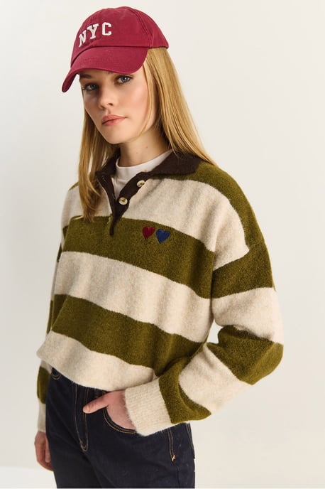 Oversized Gestreept Polo Kragen Sweater met Borduring - Image 6
