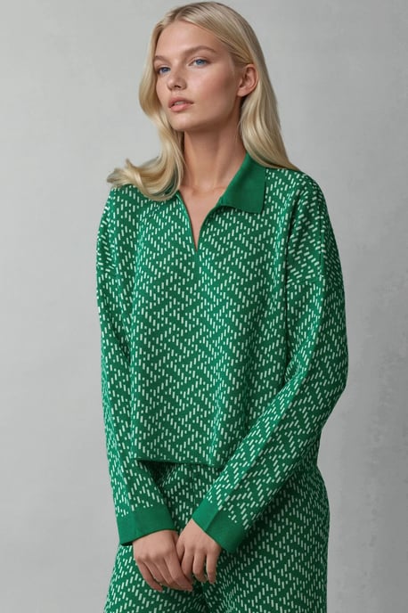 Mönstrad Stickad Polo Tröja - Image 1