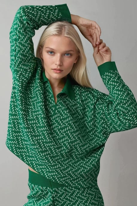 Mönstrad Stickad Polo Tröja - Image 5