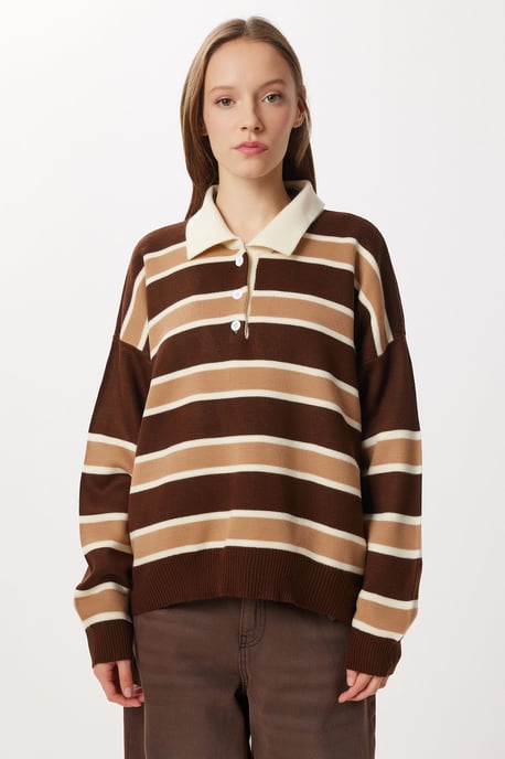 Randig sweater med polo-krage - Image 2