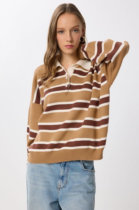 Randig sweater med polo-krage - Image 3