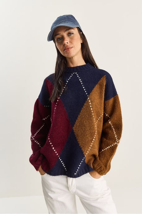 Oversized Knitted Diamond Pattern Sweater - Image 2