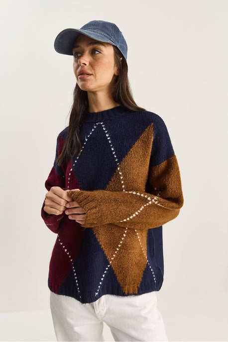 Oversized Knitted Diamond Pattern Sweater - Image 4