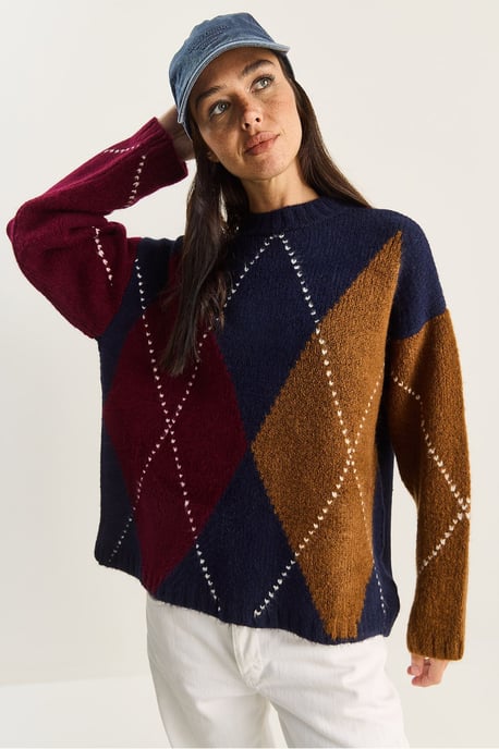 Oversized Knitted Diamond Pattern Sweater - Image 5
