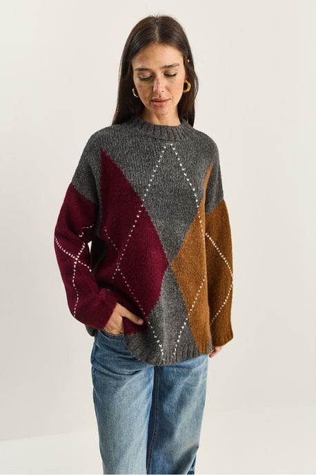 Oversized Knitted Diamond Pattern Sweater - Image 3